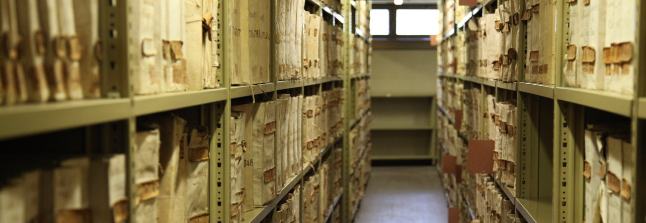 internal stacks of Florence State Archives, hundreds of volumes lined on shelves